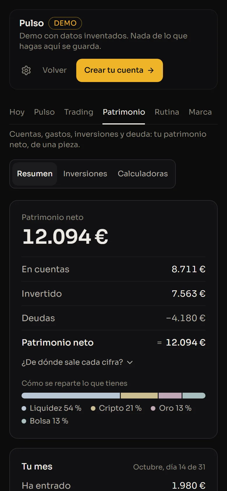 La pantalla de Patrimonio en el móvil, con el patrimonio neto