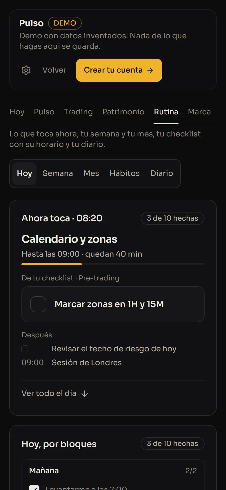 La pantalla de Rutina en el móvil, con la checklist por bloques